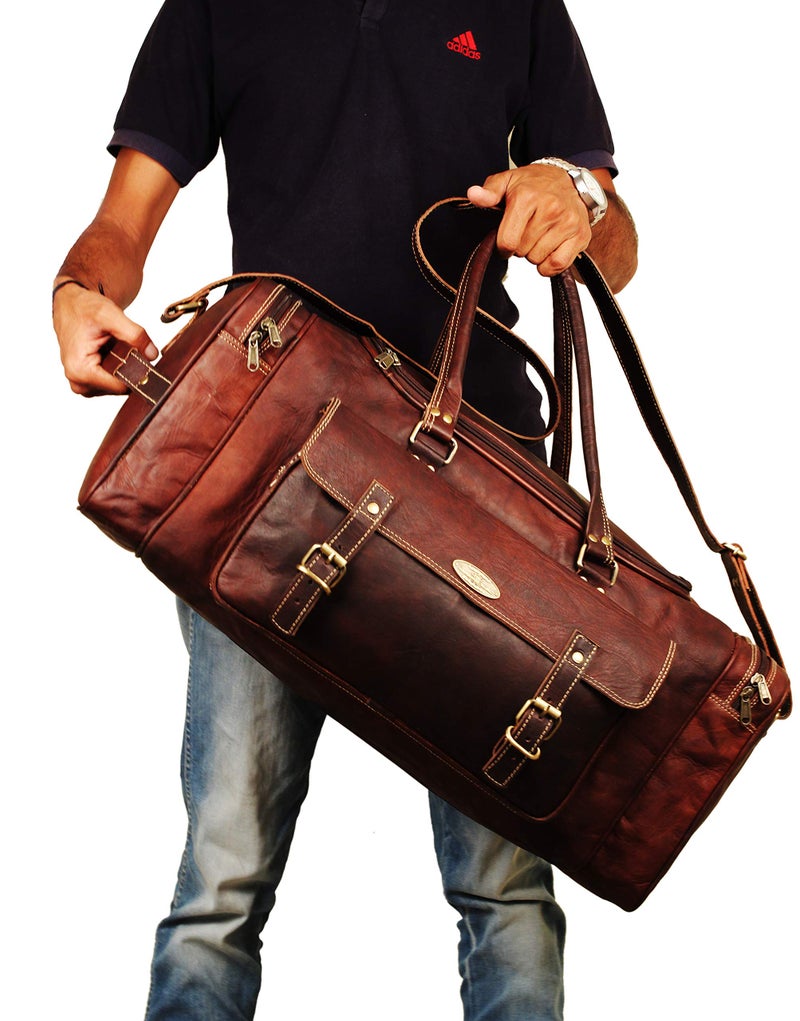 HULSH Menâ€™s Gym Sports Overnight Weekender Bag Leather Travel Bags For Men Vintage Leather Duffle Bag Women Carry On Travel Holdall Bag 24 Inches (24 Inch) - Image 3